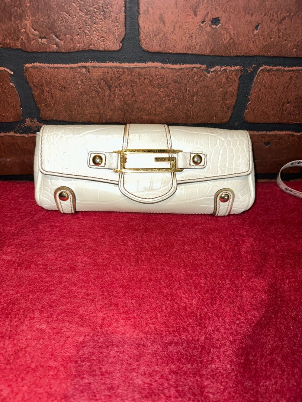 Y2K Guess White Faux Croc-Embossed Clutch with Gold Buckle